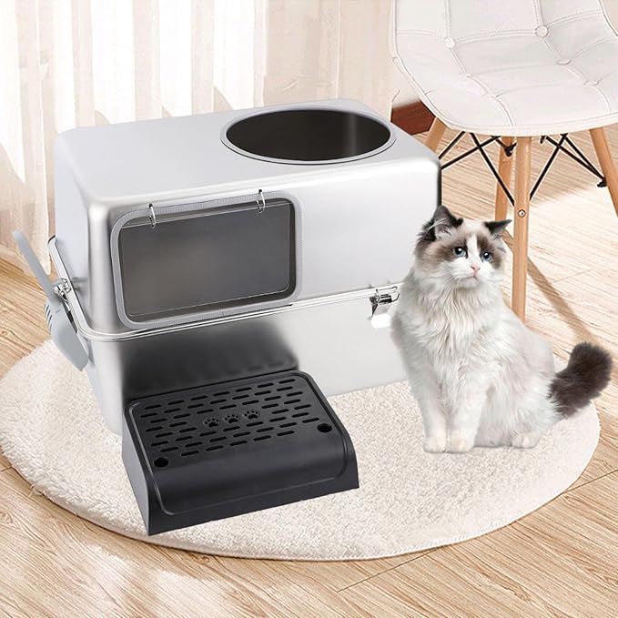 Hooded Cat Litter Box with Lid & Front Door Flap Stainless Steel Portable Pet Litter Tray Kitten Potty- with Pedal