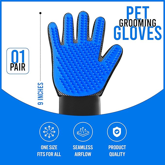 Blue Pet Hair Remover Gloves - 1 Pair, Pet Grooming Gloves | Cat Hair Remover | Gentle Deshedding Brushes for Dogs, Cats & Horses | Dog Washing Gloves