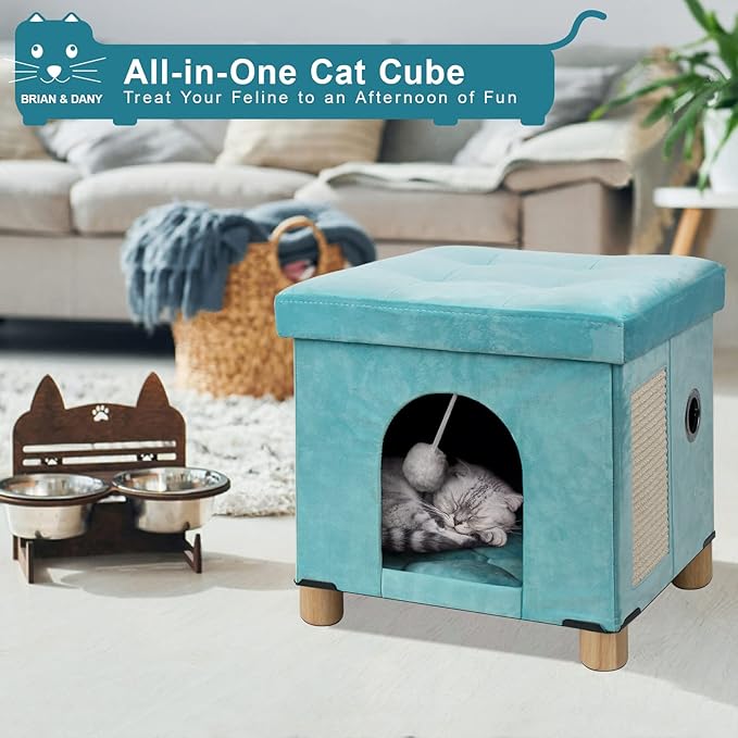 BRIAN & DANY Cat Beds for Indoor Cats,Cat Cave House for Kitten with Scratch Board & Ball, 14.5X 12.5X 14.1 inches, Green