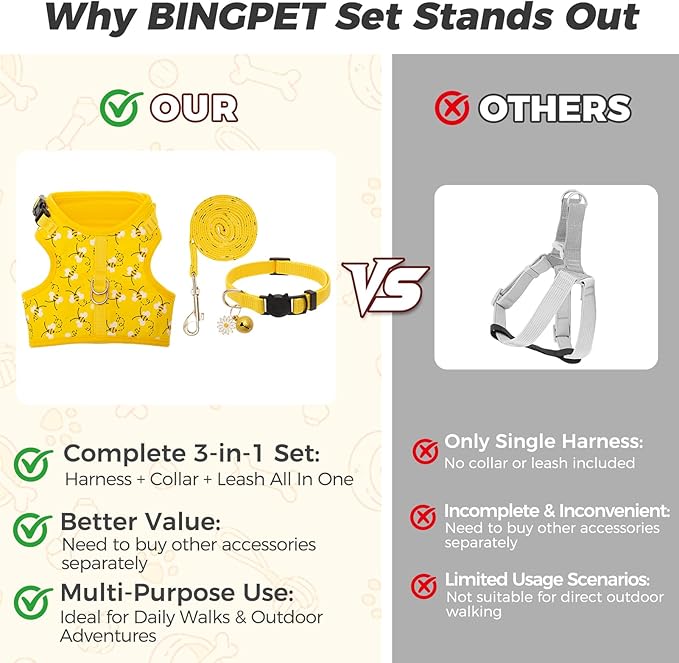 BINGPET Cat Harness with Leash and Collar for Walking - Escape Proof with 59 Inches Leash - Adjustable Soft Vest Harnesses for Medium Large Cats Bee