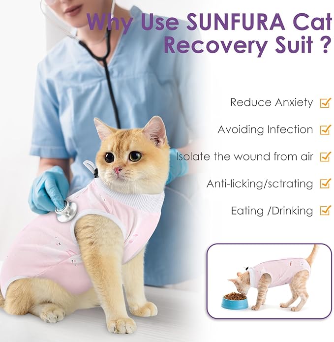 Cat Recovery Suit, Kitten Surgical Full Bodysuit for Abdominal Wound Protector Anti Licking After Surgery, Professional Bandages Cone E-Collar Alternative for Small Male & Female Pets