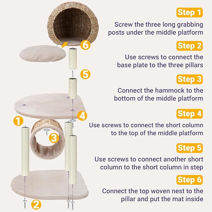 Happy & Polly 51" Rattan Cat Tree - Multi-Level Bird Nest Cat Tower for Indoor Cats, Cute Condo for Large Cats Easy to Assemble with Scratching Posts, Moder Cat Furniture Activity Center