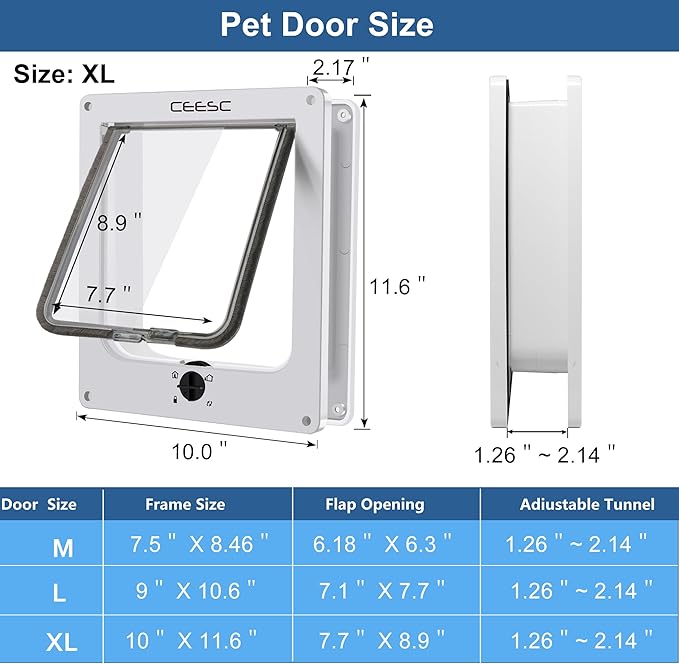 CEESC Extra Large Cat Door (Outer Size 11.6" x 9.8"), Rotary 4 Way Locking Cat Door for Interior Exterior Doors, Weatherproof Pet Door for Cat & Doggie with Circumference < 24.8",Upgraded Version
