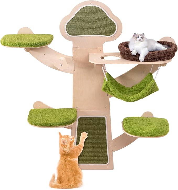 PETSITE 71 Inch Cat Wall Shelves, Tree-Like Wall Mounted Cat Tree Climber Furniture with Sisal Scratching Post and Mats, Perches, Hammock, Bed, Removable & Washable Padded Cushions