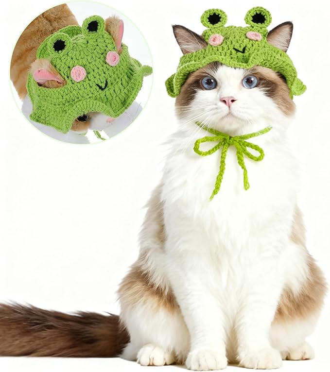 Frog Cat Hats,Cute Cat Caps Bonnet, Soft Cats for Kittens & Small Dogs,Outfits for Cats Cat Sombrero Perfect for Birthday Halloween Christmas Costume (Frog)