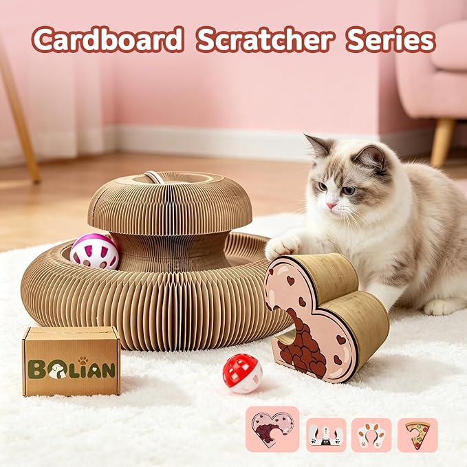 Heart Magic Organ Cat Scratcher, Foldable Accordion Heart Shaped Scratching Board with Bell Ball, Recycled Cardboard Interactive Scratch Pad for Indoor Cats & Kittens