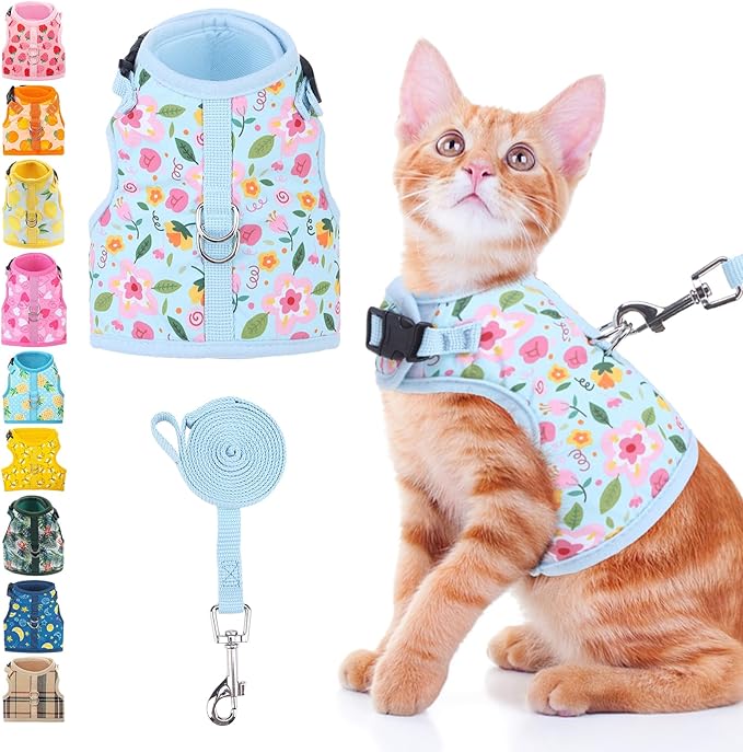 BINGPET Cat Harness and Leash Set Escape Proof for Walking,Step-in Harness with Lightweight Soft Breathable Mesh,Adjustable Easy Control Harness for Kitten Puppy Small Medium Large Cats(Flower,L)