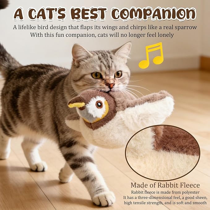 Interactive Chirping Bird Cat Toys - Flying Birds Cats Toy with Flapping Wings, Realistic Electric Sparrow Pet Plush Toys, Relieving Boredom Flying Bird Cat Toys for Indoor Cats