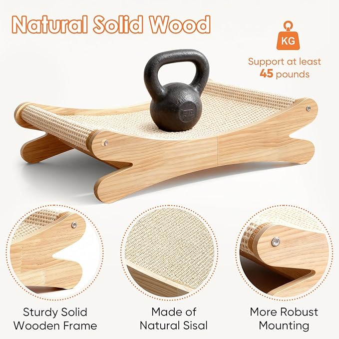 Natural Sisal Cat Scratcher Bed with Hammock – Solid Wood Furniture Style, Extra Large Cat Lounger & Scratch Pad for Indoor Cats, Protects Furniture