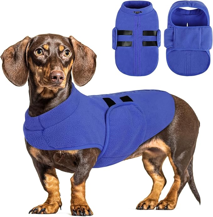 Queenmore Soft Fleece Dog Jacket, Warm Winter Coat with Leash Hole, Dachshund Sweaters for Small Dogs Cats (Blue, XL)