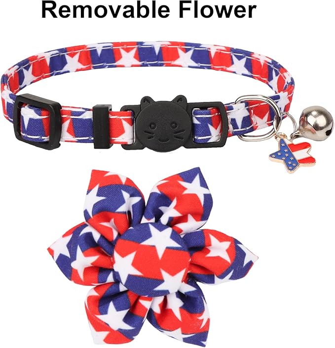 ADOGGYGO American Flag Cat Collars with Removable Flower Bell, Adjustable Red Blue 4th of July Flag Pattern Floral Collars for Cats Kittens