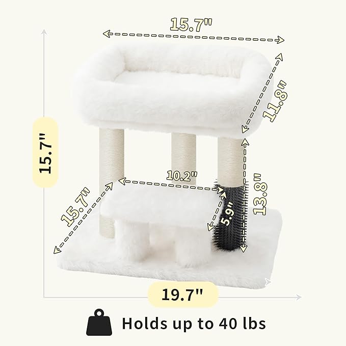 Heybly Cat Scratching Post, Small Cat Tree Tower with 3 Full Sisal Posts, Removable Plush Bed, Grooming Brush, Stable & Space-Saving Cat Furniture with Gentle Step for Indoor Cats, White HSP001SWH