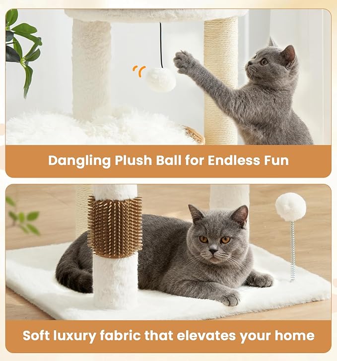 Made4Pets 32in PE Rattan Cat Tree Tower, 2 Large Handwoven Nest Baskets with Soft Cushions, Scratching Post, Stable Wicker Cat Tree with Groomer & Hanging Ball Toys for Adult and Kittens
