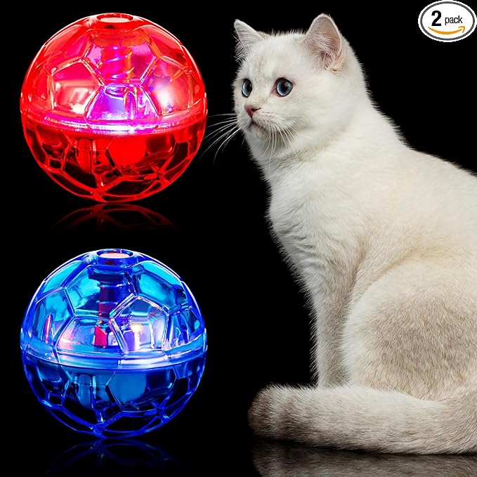 Sratte 2 Pcs Ghost Hunting Cat Ball Activated Cat Toy Motion LED Light Pet Balls Motion Dog Interactive Pet Toys Glowing Mini Running Exercise Supplies for Animals Activity (Rose Red,Light Blue)