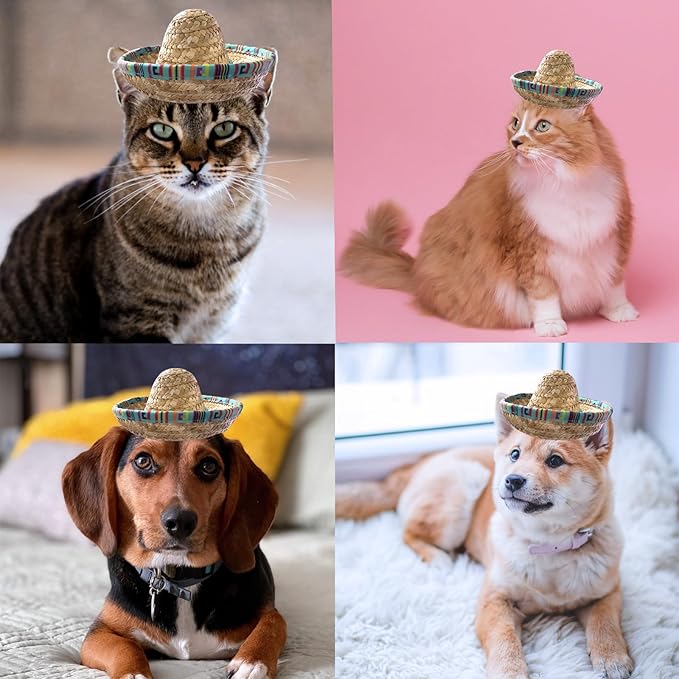 Cat Sombrero Hat Cat Hat Pet Sombrero Hat Cinco De Mayo Mexican Pet Straw Cap with Adjustable Chin Strap(Green)