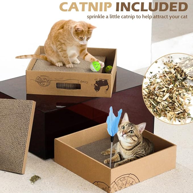 Cat Scratcher Box with 3 PCS Scratching Pads, Reversible Corrugated Cardboard Lounge Bed with Feather Toy and Balls Recyclable Cat Scratcher Cardboard for Indoor Cats