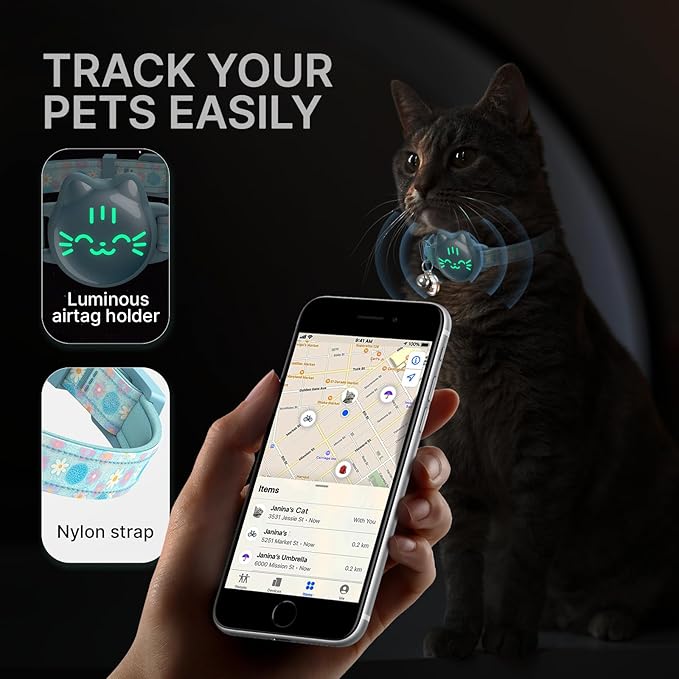 Waterproof Airtag 2nd & 1st Cat Collar, Breakaway Cat Airtag Collar with Luminous & Reflective Fish Pattern, Lightweight Kitten Collars for Apple Air tag, Hidden GPS Tracker Holder for Cats, Kittens