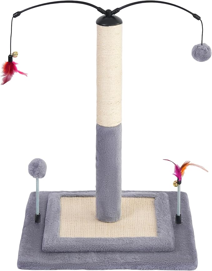 YUNIQUE Cat Scratching Post with Sisal Rope, Small Cat Tree with Dangling Balls & Feather for Kittens(Grey, 22.8'')