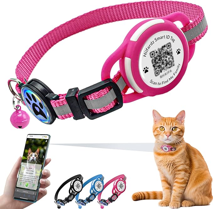 Cat Collar with Airtag Holder & QR Code Tag, Reflective Breakaway Kitten Collar with Quick Release Buckle, Adjustable Nylon Safety Collar for Indoor Outdoor Cats (Rose Red)