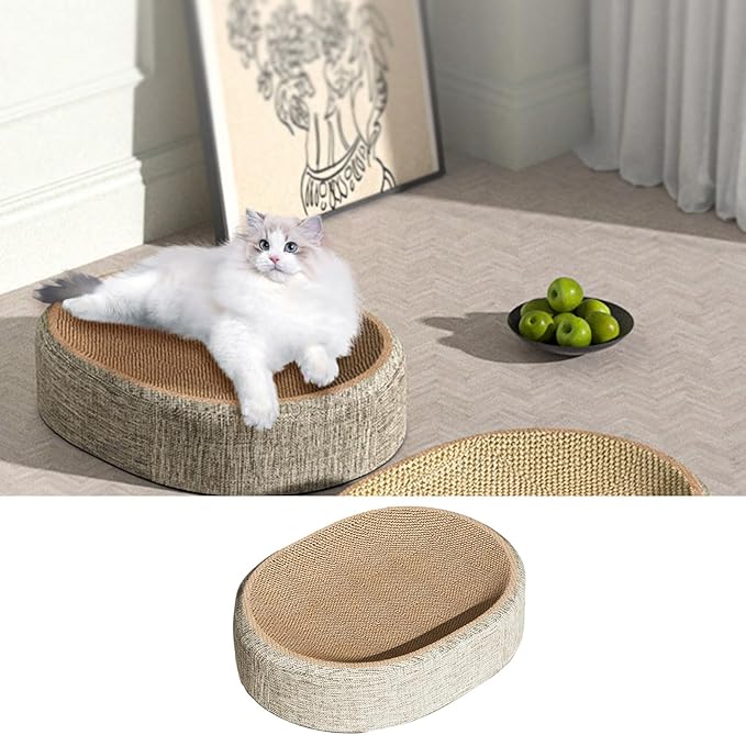 2025 2-in-1 Cat Scratching Bed, 16" Extra Large Scratcher Up to 20lbs, Durble Sisal Sleeping Mat, Resilient Scratching Mat, Oval Cat Scratch Pad, Cozy Sleep Surfce for Indoor Cats