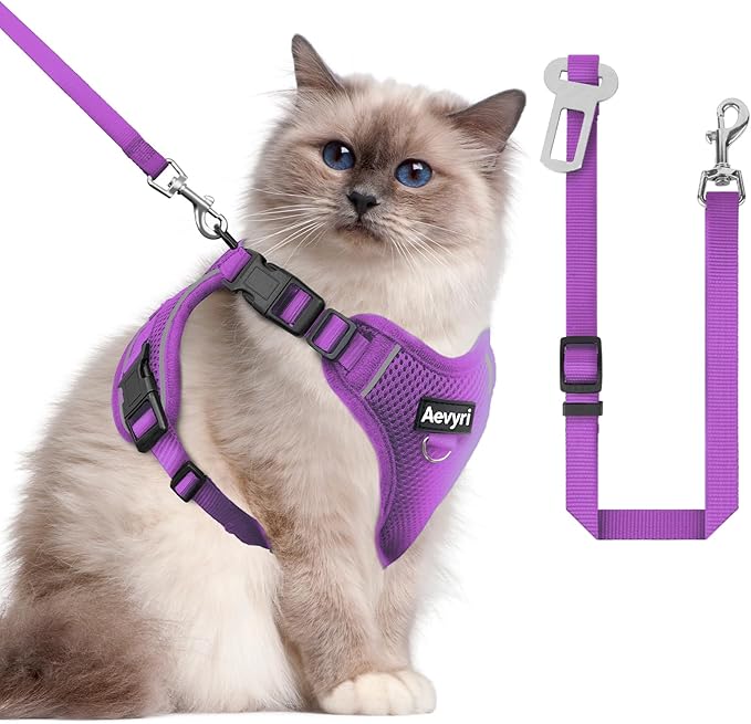 Cat Harness and Leash for Walking, The Upgrade Can be Adjusted in Four Directions and Breathable Cat Harness for Anti Escape that can be Fitted and Positioned, Reflective Strips Harness, Purple, L