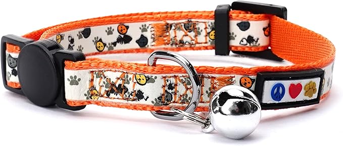Pawtitas Glow in the Dark Cat Collar – Safety Buckle & Removable Bell, Adjustable Kitten Collar, Orange