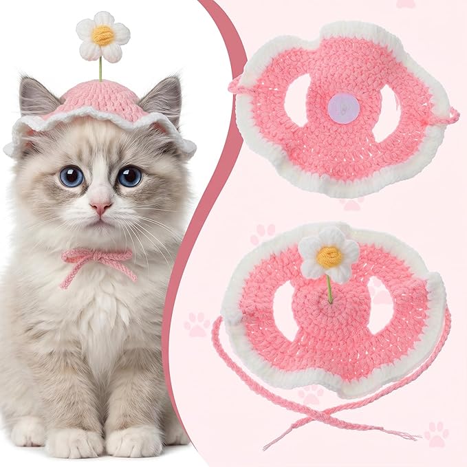 Cat Hat, Cute Flower Washable Knitted Hats for Cats Puppy Small Pets, Adjustable Cat Birthday Party Hat for Halloween Christmas Holiday Photo Outfit (Pink)