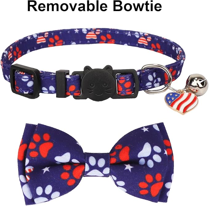 PTDECOR American Flag Cat Collar Breakaway with Cute Bow Tie Bell, 4th of July Bandana Collar, Patriotic Cat Bowtie Collars for Kittens (Blue)