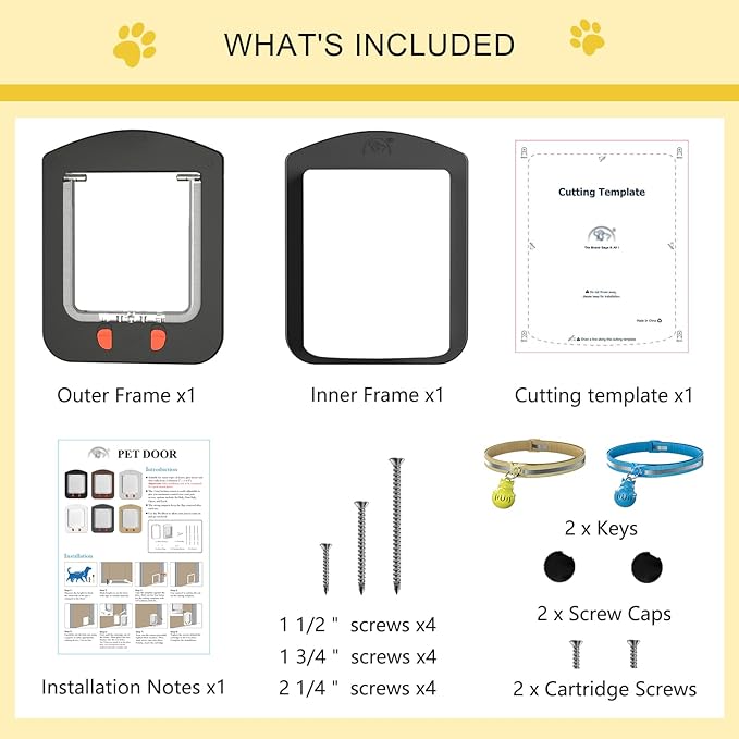 Cat Door for Interior Door and Exterior Door, Pet Door with Collar Sensor and 2pcs of Cat Magnetic Collars, 4 Way Locking Cat Door with Magnetic Flap, Black
