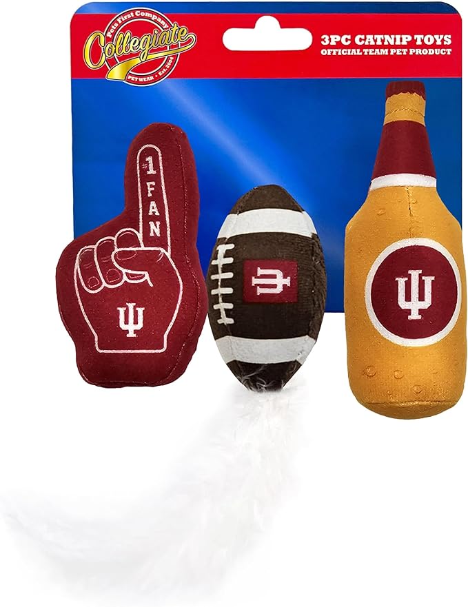 Best Plush CAT Toy NCAA Indiana Hoosiers Complete Set of 3 piece Cat Toys Filled with Fresh Catnip. Includes: 1 Helmet Cat Toy, 1 Football Cat Toy with Feathers & 1 Beer Bottle. Beautiful Team Logo