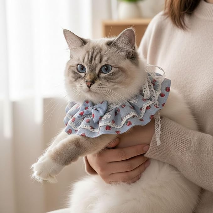 Cat Bib Collar, Cat Lace Bib with Bow Strawberry Print, Cute Kitten Scarf, Adjustable Lace Tie Puppy Bandana, Pet Costume Dress Up Accessories (S)