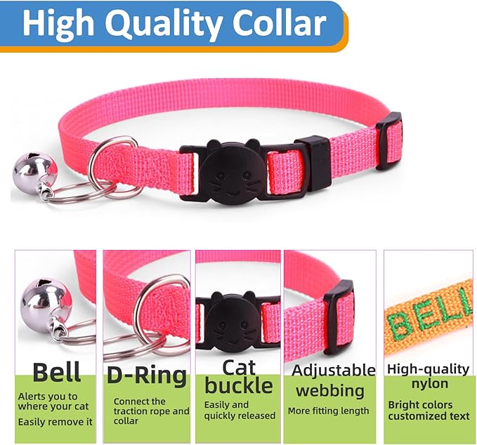 Personalized Cat Collars, Embroidered with Pet Name and Phone Number, Adjustable Nylon Breakaway Safety Release Buckle ID Collar,Custom Text with Bell for Cat or Kitten,Light Pink