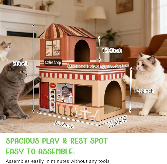 Cardboard Cat House for Indoor Cats, Double Layer Cat Scratcher House for Large Kitty Rabbit Bunny, Scratch & Sleep 2 in 1 Design, Durable & Easy to Assemble Scratching Bed(Coffee Bar)