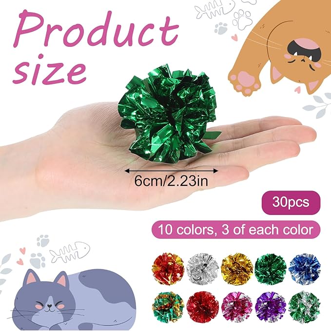 Vin Beauty 30 Pcs Cat Crinkle Balls Toy 2.36 Inch Interactive Crinkle Balls for Cats, Colorful Chew and Chase Training Activity Cat Toys for Indoor Kittens to Keep Fit Active