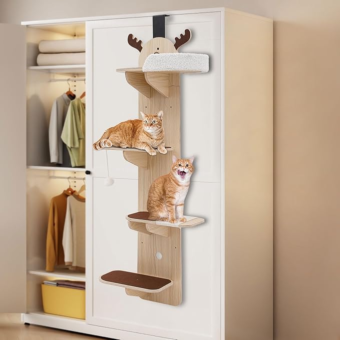 Door Hanging Cat Tree,4-Tier Door Mounted Cat Climbing Frame,Cats Tree Hanger Mounted Cats Shelves,Wooden Cat Ladder,Pet Jump Shelf for Stair,Foyer,Living Room,Enclosed Balcony (with Cat Nest)