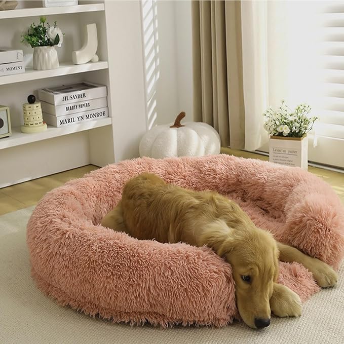 Calming Dog & Cat Beds with Orthopedic Egg-Crate Foam Raised Rim, Soft Long Plush Pet Sofa Couch Bed for Medium Dogs, Anxiety Relief Spine Support, Machine Washable (Round, Blush Pink 28")