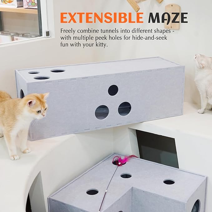 PETKARAY Cat Tunnel, Original Cat Hideaway Cave for Indoor Cats, Large Kitten Play Tubes and Tunnels, Soft Felt Cat Toy with Interactive Peek Hole， Grey Straight