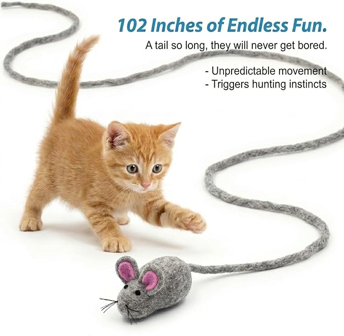Glaciart One Felt Mouse Cat Toy – Soft Fuzzy Enrichment 100% Natural Wool - Interactive Catnip Play Cat Toy Set - Safe for Pets, Non-AZO Colored Dyes - 100” Long