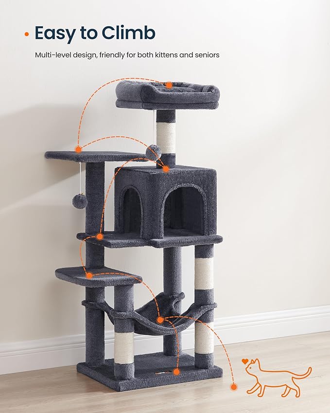SONGMICS HOME Cat Tree for Indoor Cats, Multi-Level Tower Condo with Sisal Scratching Posts, Hammock and Condo, Dark Gray