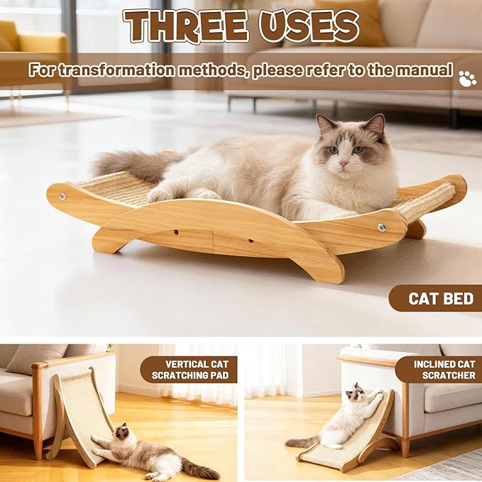 3-in-1 Transformable Design Sisal Cat Scratcher Bed for Indoor Cats, Durable Natural Scratching Pad, Solid Wood Cat Scratch Ladder, Wooden Cat Furniture 23.6 Inch Cats Hammock (Large)