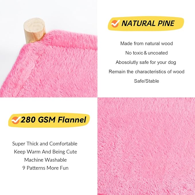 Patas Lague Cat and Dog Hammock Bed for Small Dogs, Brethable Wooden Cat Pet Rabbit Elevated Bed Cots Furniture for All Seasons Fleece Hot Pink