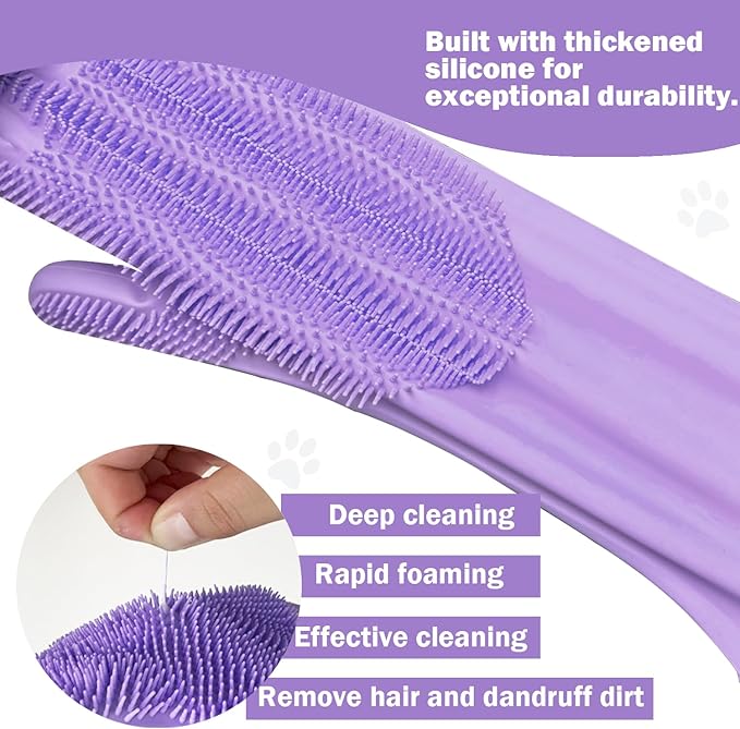Pet Grooming Gloves for Cats Dogs, 3000 Silicone Grooves Bathing Gloves, Wet Dry Dual Use Washing Massage Gloves, Pet Bath Supplies for Gentle Cleaning Grooming （Purple）