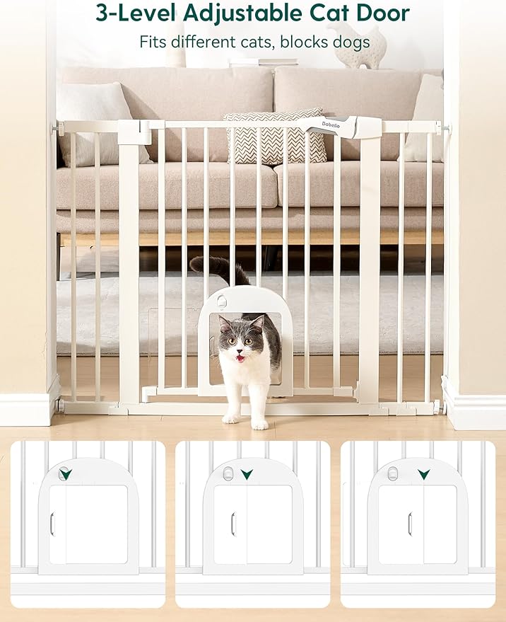 Babelio 36" Tall Upgraded Baby Gate with Cat Door, 29-43" Auto Close Durable Dog Gate for Stairs, Doorways and House, Easy Walk Thru Safety Gate with Pet Door Includes 4 Wall Cups, White