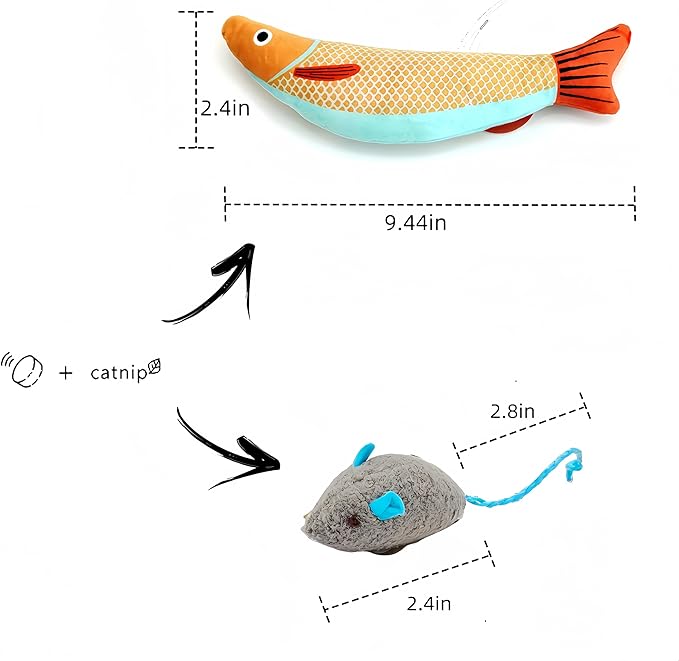 Catnip Fish Toy with Bell | 5000mg Premium A+ Catnip | Interactive Kicker Ball for Indoor Cats & Kittens | Includes Catnip Mice | Fun Kitty Toys