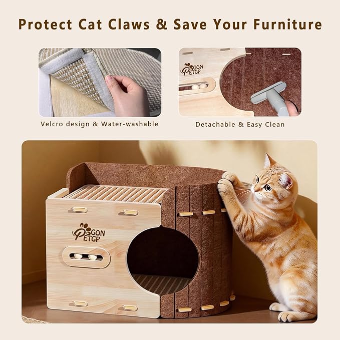 GONPETGP Cat Beds for Indoor Cats, Cat House Cave with Wooden Play Ball Scratch Pad, Detachable Felt Cat Condo Hideaway for Multiple Small Pets and Kittens
