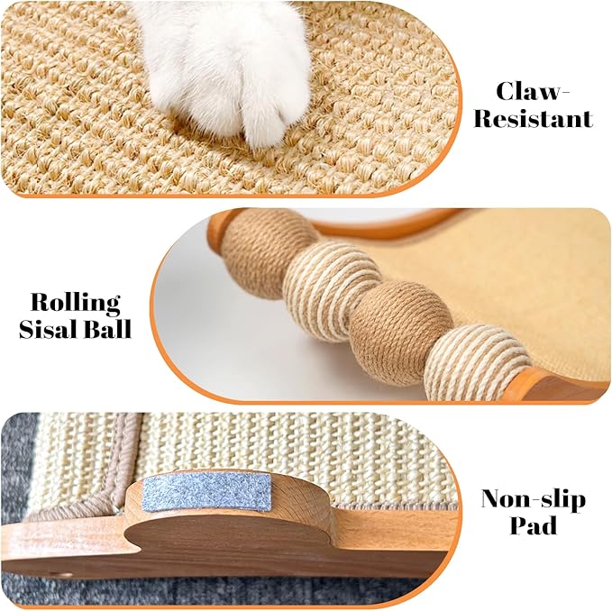 CHEERPALS Sisal Cat Scratcher Bed with Balls Cat Scratching Post for Indoor Cats Hammock, Natural Sisal Cat Scratch Wooden Cat Furniture(Large)