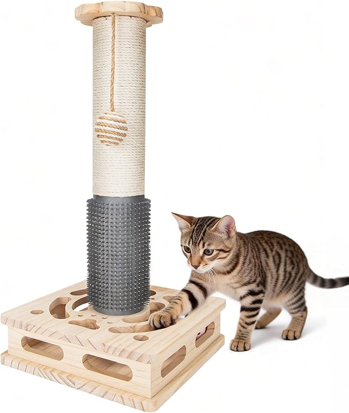 20.5 Inch Cat Scratching Post, 4-in-1 Interactive Maze Base with Cat Self Groomer, Natural Pine Wood & Premium Sisal Scratching Pole, Anti-Slip Detachable Design for Indoor Cats