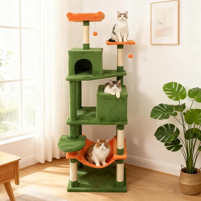 DORTALA 75" Tall Modern Cat Tree, Multi-Level Cat Tower with Large Condos, Sisal Scratching Posts, Top Perch, Hammock, Dangling Balls, Kitten Beds & Climbing Furniture for Indoor Cats (Green & Orange)