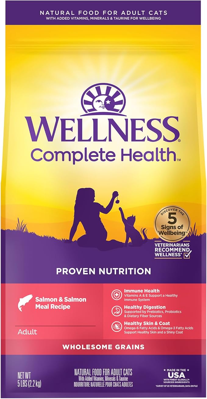 Wellness Complete Health Adult Dry Cat Food, Natural, Wholesome Grains Kibble, Salmon Recipe, 5 lb Bag
