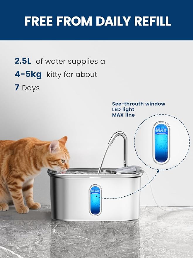 Cat Water Fountain Stainless Steel for Cats Indoor 2.5L 85oz by BPA-Free SUS304, Effective 6-Layer Filter Cat Fountain for Drinking 20dB Ultra Quiet & Soft Flow Metal Pet Water Fountain